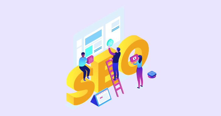 Illustration of the word "SEO" with diverse characters working on search engine optimization tasks, including analyzing data and making improvements, set against a light purple background.
