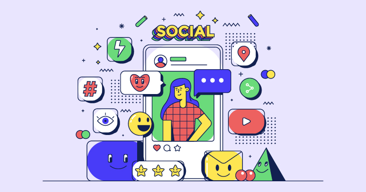 Illustration depicting a smartphone surrounded by various social media icons and symbols, including chat bubbles, emojis, and video platforms, emphasizing the theme of social connectivity and digital communication.