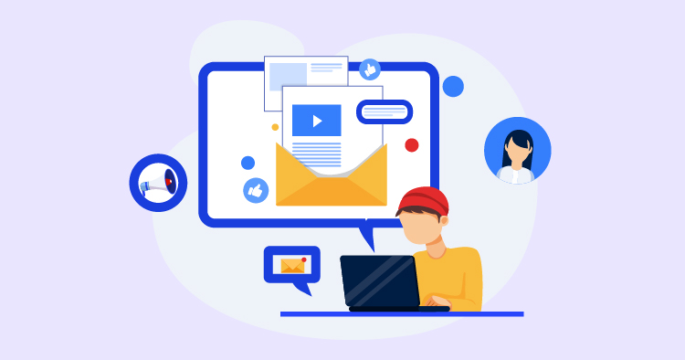 Person working on a laptop with digital communication elements, including email and social media icons, representing online marketing and content creation.