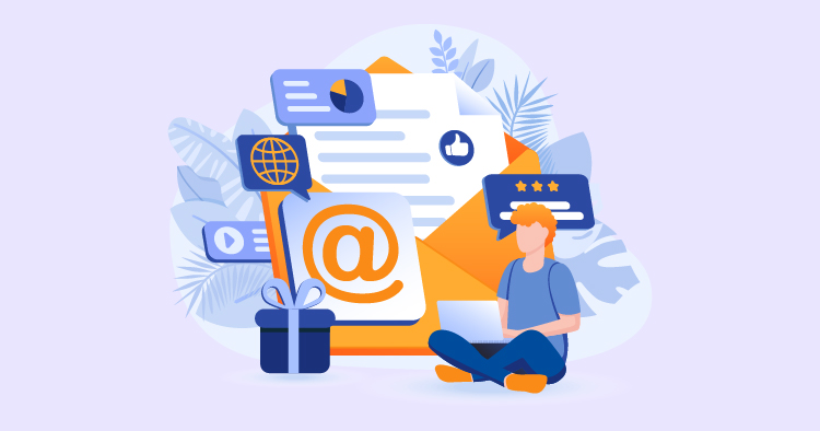 Illustration of a person sitting with a laptop, surrounded by digital communication icons, email symbols, and a gift box, representing online engagement and marketing strategies.