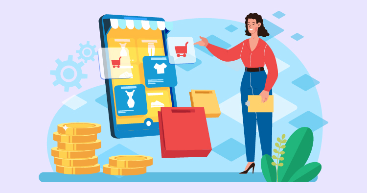 Woman showcasing an online shopping interface on a smartphone, surrounded by shopping bags and coins, representing e-commerce and digital retail.