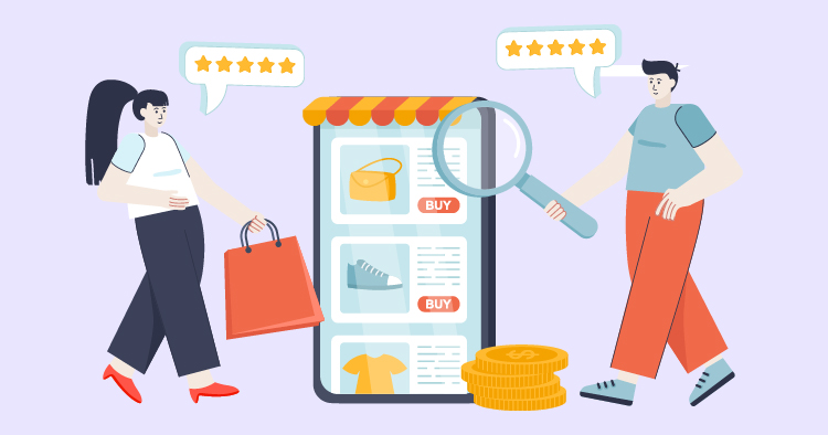 Two shoppers engaging with an online store, one carrying shopping bags and the other examining products with a magnifying glass, while five-star ratings are displayed above.