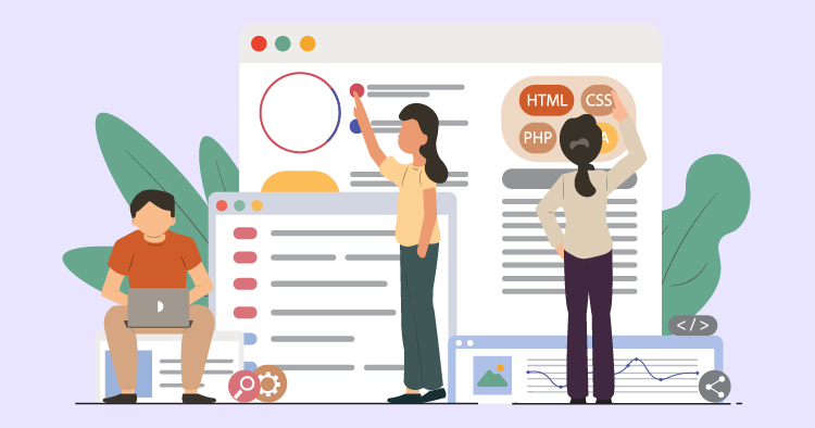 Illustration of three diverse individuals engaged in web development, with one person interacting with a code editor and others discussing programming languages like HTML and CSS. The background features visual elements representing web design and coding concepts.