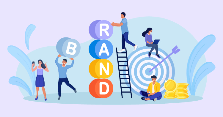 Illustration of a diverse team working on brand development, with individuals stacking colorful letters spelling 'BRAND,' climbing a ladder, using a laptop, and aiming at a target.