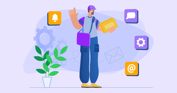 Delivery person holding a package with communication icons and a plant in the background, symbolizing logistics and customer service.