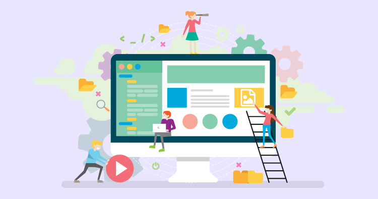 Illustration of a computer screen displaying a website design process, featuring a person coding, another person on a ladder adding content, and a woman using binoculars to analyze data, with colorful icons representing digital tools and elements.
