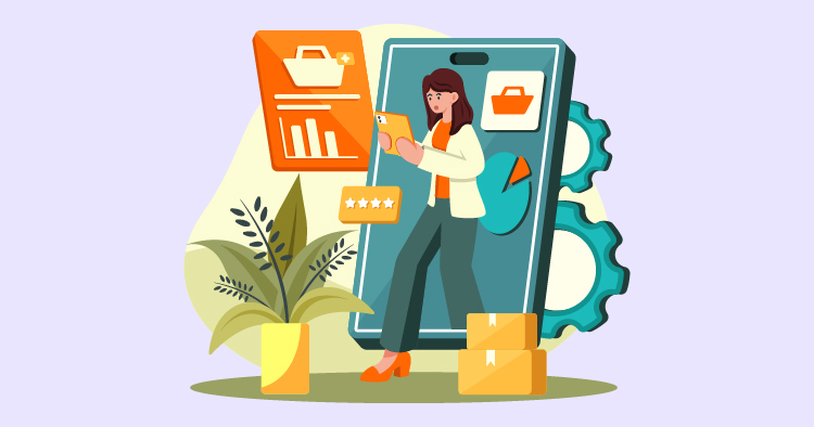 Woman using a smartphone for online shopping, surrounded by shopping icons, graphs, and delivery boxes, symbolizing e-commerce and digital marketing.