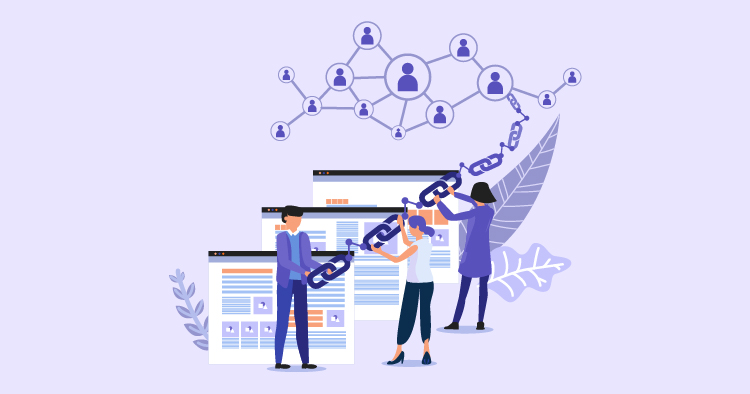 Illustration of people collaborating on website development, linking web pages with digital connections, representing SEO and online networking strategies.