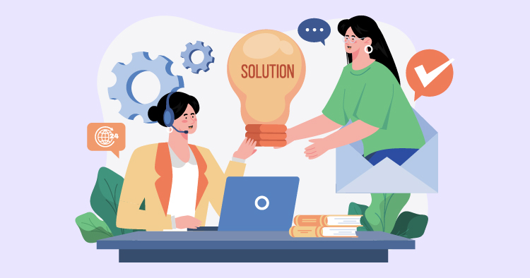 A customer service representative wearing a headset receives a light bulb labeled "SOLUTION" from a woman in a green shirt, symbolizing collaboration and problem-solving in a modern office setting.
