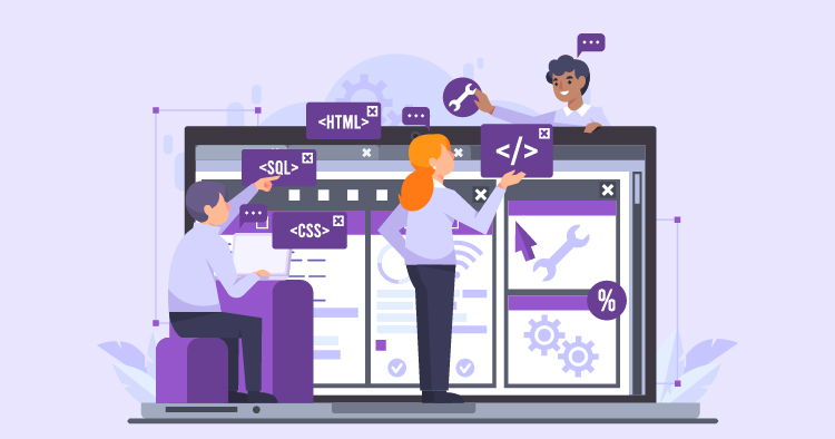Illustration of a web development team collaborating on a project, featuring a person coding with HTML and CSS, another working on a laptop, and a third offering support, surrounded by icons representing coding and web design tools.