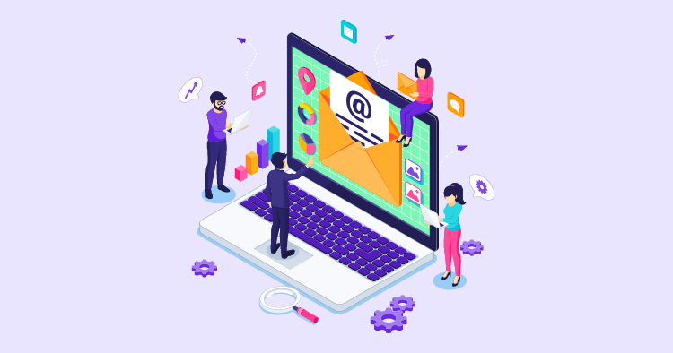 Illustration of a laptop displaying an email icon, surrounded by diverse characters engaging in digital marketing activities, including data analysis and social media interaction, symbolizing modern communication and online collaboration.