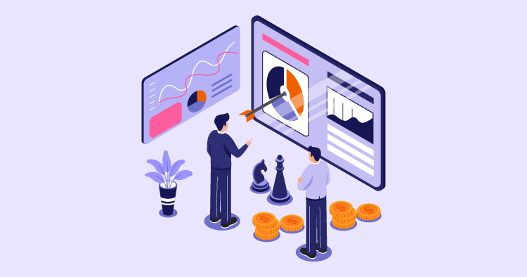 Two business professionals analyzing data on digital screens, with graphs and pie charts, alongside chess pieces and coins, symbolizing strategic decision-making and financial analysis.