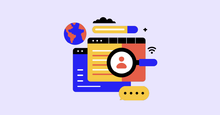 Illustration of digital search concepts featuring a magnifying glass over user profile icons, web browser windows, a globe, and communication elements, symbolizing online research and connectivity.