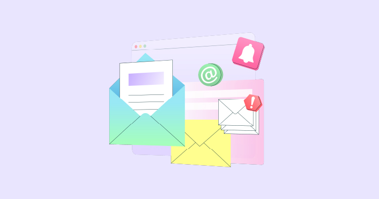 Illustration of email communication, featuring various envelope designs, notification icons, and a computer screen, representing digital messaging and alerts for emails.