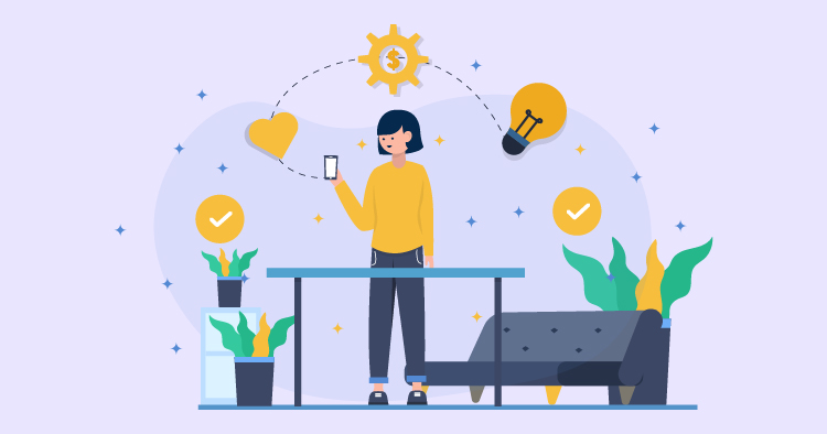 Illustration of a person standing at a table, holding a smartphone, surrounded by symbols of creativity and finance, including a gear, light bulb, heart, and plants, representing innovation and personal growth in a modern workspace.