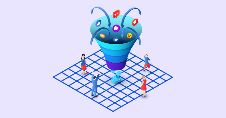 Illustration of a marketing funnel with social media icons, surrounded by diverse figures representing customer engagement and conversion strategies in a digital landscape.