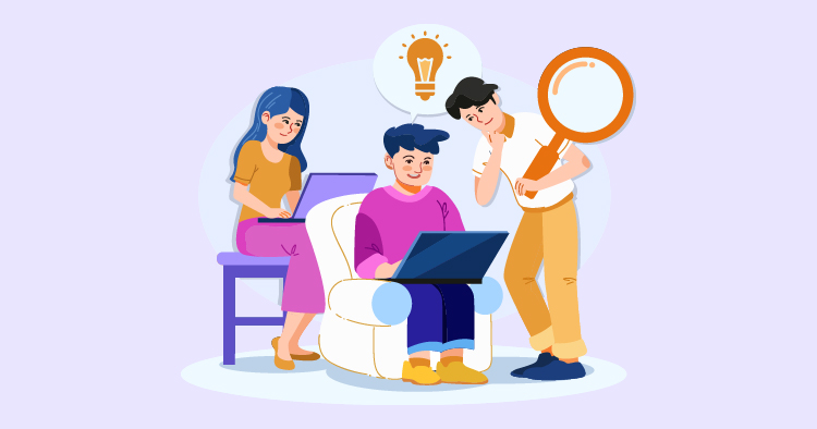 Three people collaborating on a creative project, with one person working on a laptop while another holds a magnifying glass and the third looks on thoughtfully, surrounded by lightbulb ideas.