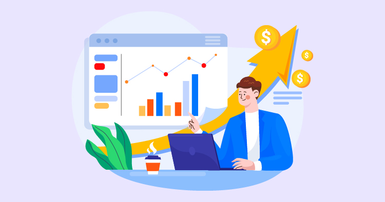 A professional analyzing financial growth with graphs and charts on a laptop, surrounded by a plant and coffee, symbolizing business success and data-driven decision making.