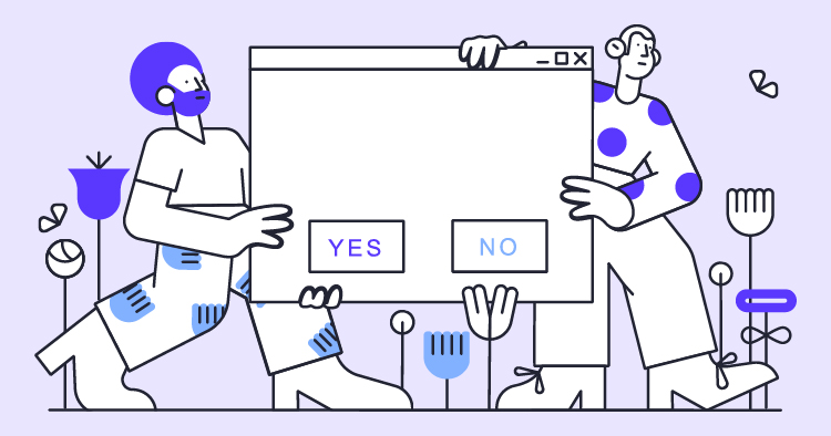 Two cartoon characters holding a large computer dialog box displaying "YES" and "NO" buttons, surrounded by colorful plants, illustrating a decision-making process in a digital context.