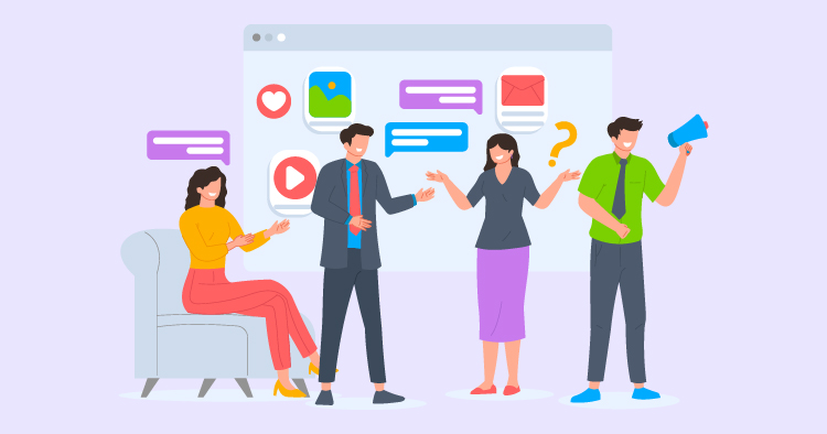 Group of diverse professionals engaging in a discussion about social media strategies, with various communication icons in the background, illustrating teamwork and digital marketing concepts.