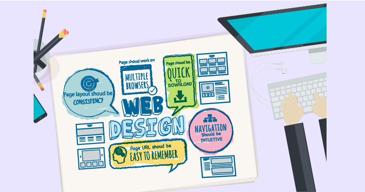 Illustration depicting key principles of web design, including usability, quick loading, and easy navigation. The design emphasizes the importance of creating user-friendly websites with memorable elements, alongside a laptop and digital interface.