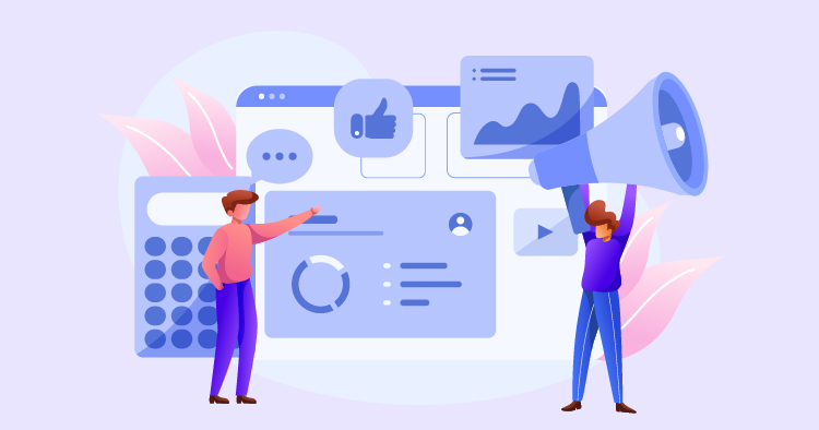 Illustration of two characters discussing digital marketing strategies, one pointing at a dashboard with analytics and the other holding a megaphone, set against a light purple background with leaves and a calculator.