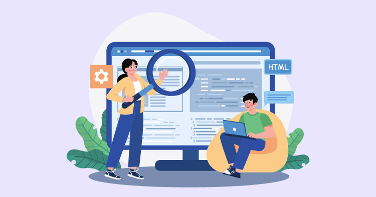 Illustration of two people engaging with web development; one person is using a laptop while the other is examining a large computer screen displaying code, symbolizing collaboration in HTML programming and digital design.
