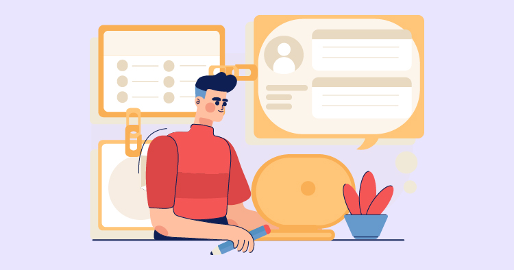 Illustration of a young man sitting at a desk, engaging with digital content. He holds a marker and is surrounded by chat bubbles and interface elements, symbolizing communication and technology. A small potted plant adds a touch of greenery to the workspace.