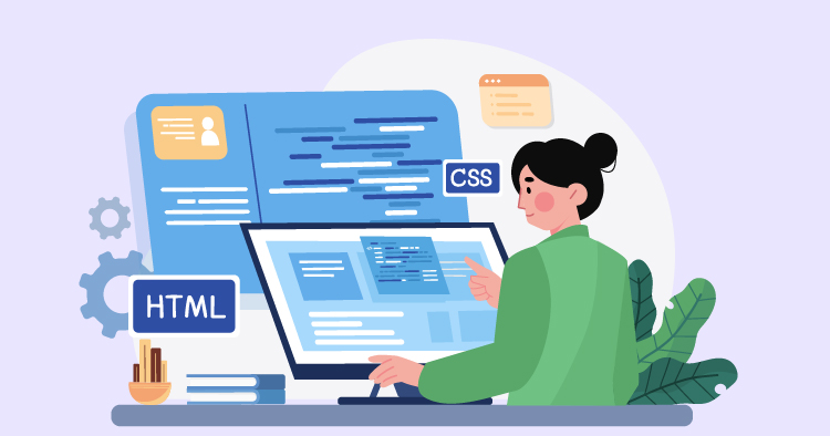 Person coding on a computer with HTML and CSS displayed on the screen, illustrating web development and programming concepts.