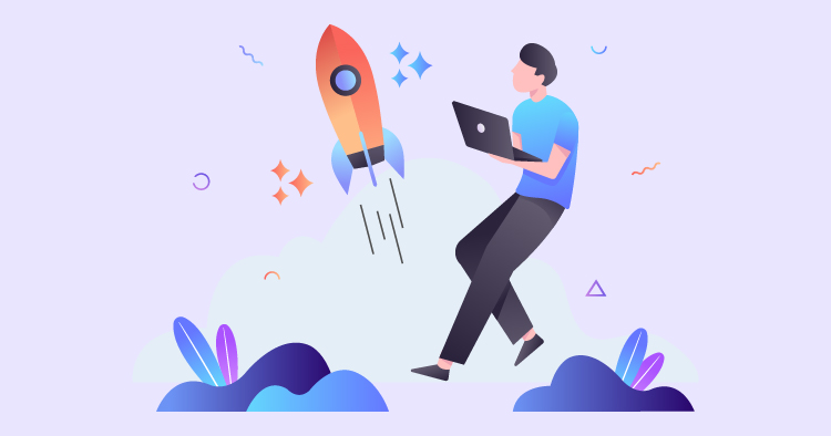 A person using a laptop while a rocket takes off in the background, symbolizing innovation and technology. The colorful illustration features abstract shapes and vibrant colors, conveying a sense of progress and creativity.