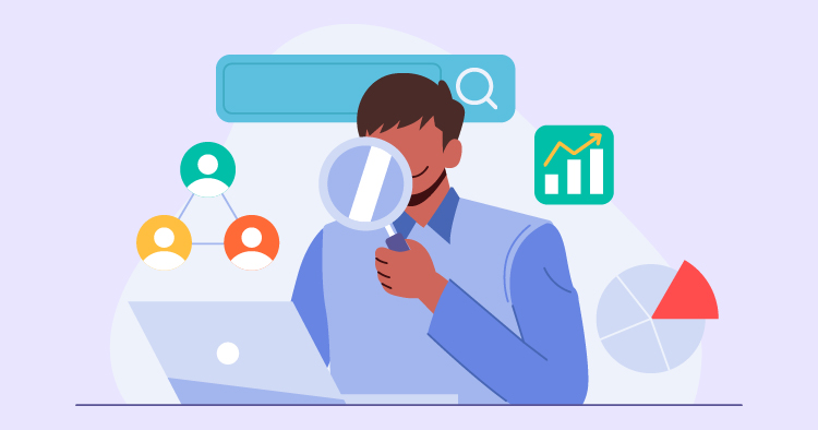 Illustration of a person analyzing data with a magnifying glass, surrounded by search icons and growth charts, symbolizing research and data analysis in digital marketing.