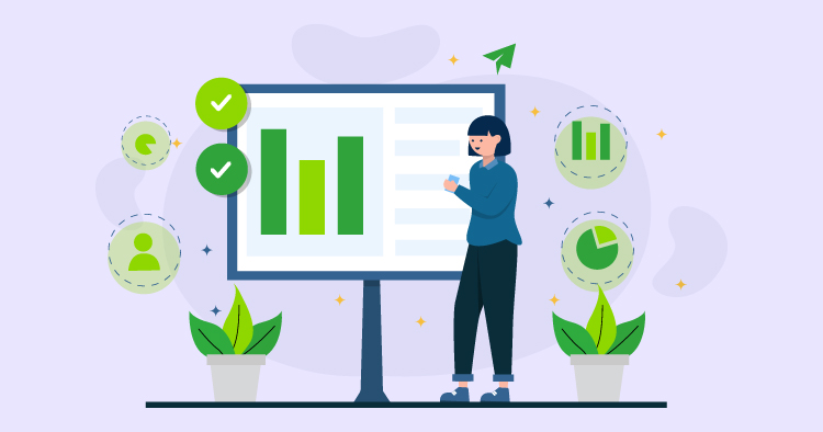Illustration of a person analyzing data on a large screen displaying green bar graphs, surrounded by plants and icons representing growth and success.