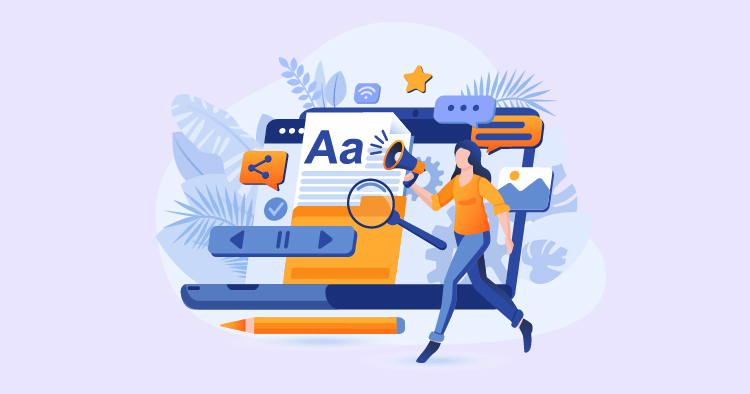 Illustration of a woman holding a megaphone and walking towards a computer screen displaying text editing tools, symbols, and chat icons, emphasizing digital marketing and content creation.