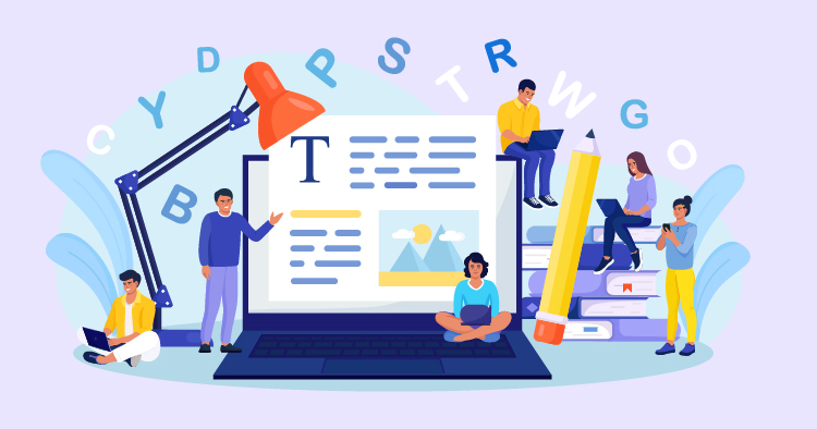 Illustration of a digital workspace featuring diverse individuals engaged in writing and content creation activities, with a large laptop displaying text and images. A desk lamp and stationery items are visible, emphasizing a creative environment for writers and designers.