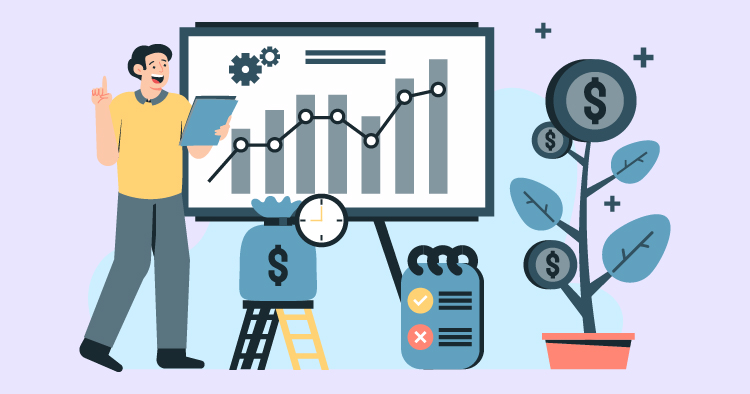 Illustration of a business analyst analyzing financial data on a chart, with graphs showing growth trends, a dollar sign, and a checklist, symbolizing financial planning and investment strategy.