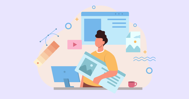 Illustration of a person holding a printed image while working at a desk with a computer, surrounded by design elements like graphs, video icons, and a coffee cup, representing digital content creation and graphic design.