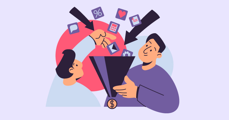 Two men interact with a funnel graphic, symbolizing the conversion process in marketing. Icons representing various digital tools and social media platforms emerge from the funnel, illustrating the flow of information and potential leads.
