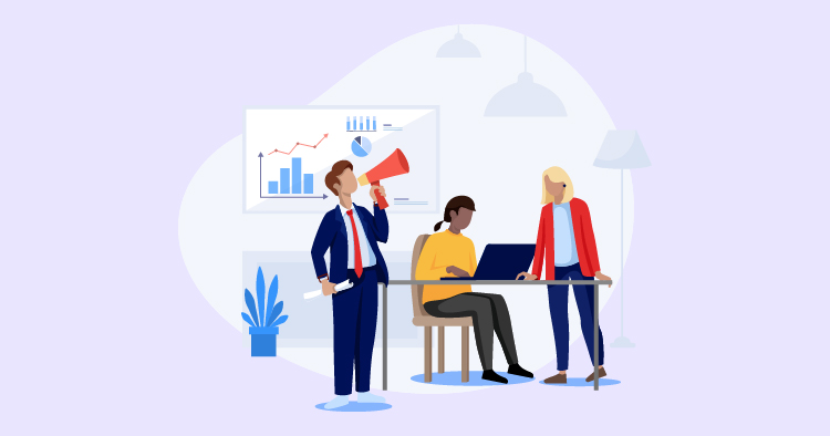 Business team collaborating in an office setting, with one person using a megaphone to communicate, while others engage with a laptop and discuss charts and graphs on a presentation board.