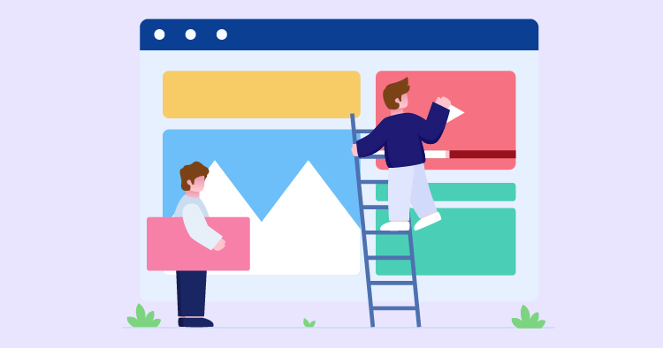 Two designers working on a website layout, one holding a colorful panel and the other painting elements on a ladder, illustrating teamwork in web development.