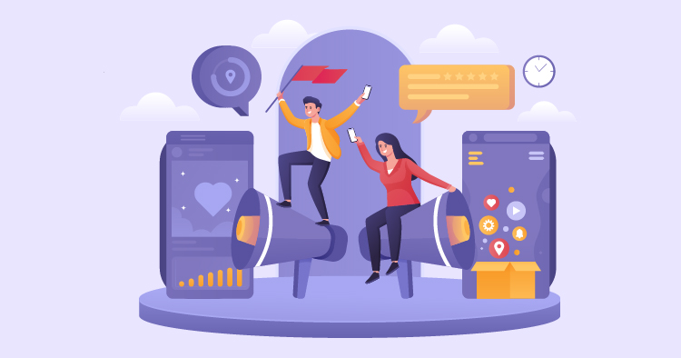 Two characters celebrating on large megaphones, one holding a red flag, surrounded by social media icons and data analytics elements. The scene represents digital marketing and social media engagement strategies.