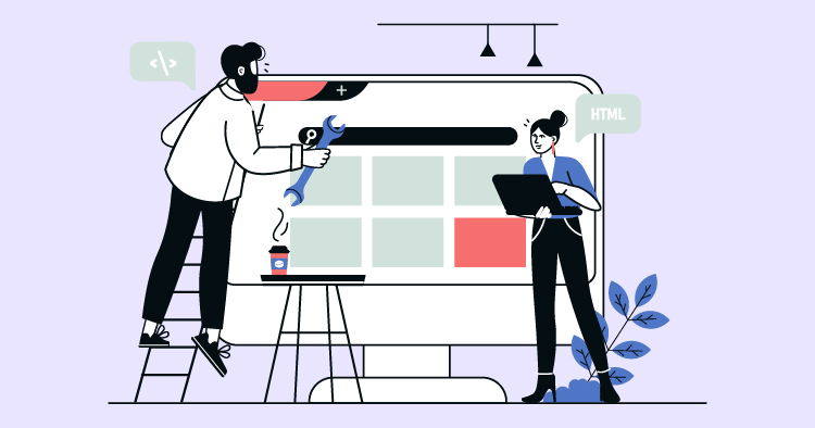 Illustration of a web development scene featuring a man using a wrench to adjust a large computer screen displaying a user interface, while a woman holds a laptop and observes. The background includes coding elements and a coffee cup, symbolizing a collaborative tech environment.