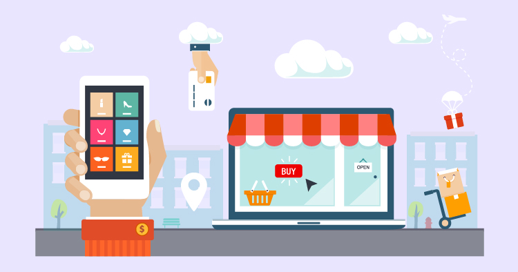 Mobile and laptop devices showcasing online shopping, featuring a smartphone displaying payment options and a laptop with a virtual storefront and shopping cart. Cloud icons add a tech-savvy feel, emphasizing e-commerce and digital transactions.