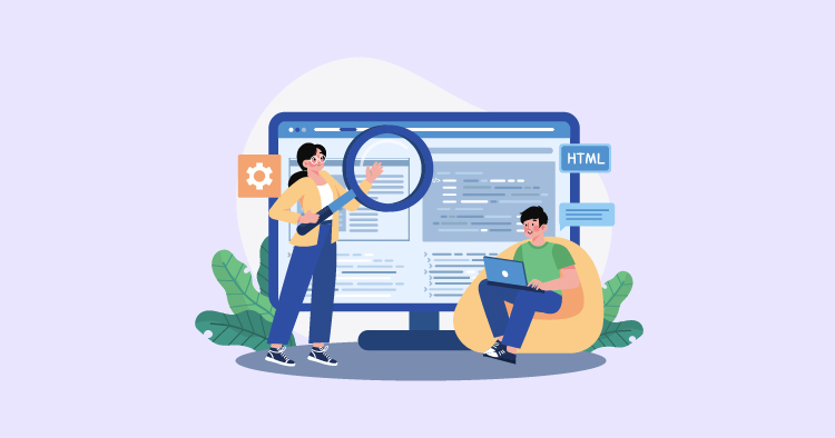 Illustration of a woman holding a magnifying glass next to a man working on a laptop, both engaged in coding and web development, with a large computer screen displaying HTML code in the background, surrounded by green plants.