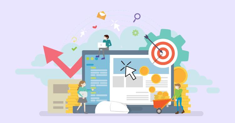 Digital marketing concept illustration featuring a laptop with analytics, a target symbol, and people engaged in online activities, representing strategies for improving website performance and user engagement.