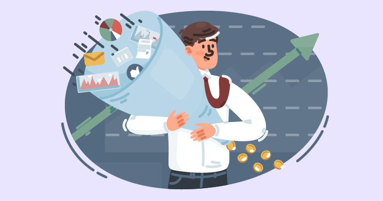 Businessman carrying a funnel filled with digital marketing elements like charts, emails, and data, symbolizing data-driven growth and analytics in a modern business environment.