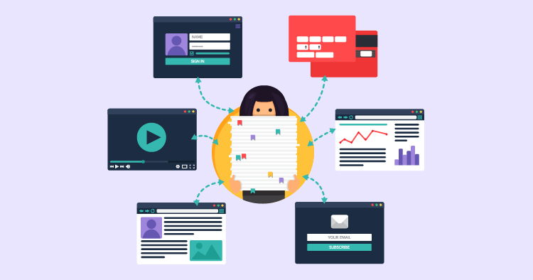 Illustration of a person holding a document while surrounded by various digital interfaces, including user profiles, credit card information, video content, data analytics, and email communications, representing the concept of digital data management and online interaction.