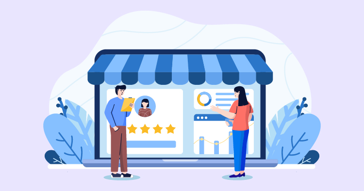 Two people engaging with a digital storefront on a laptop, displaying customer reviews and performance metrics, illustrating online business interactions and customer feedback.