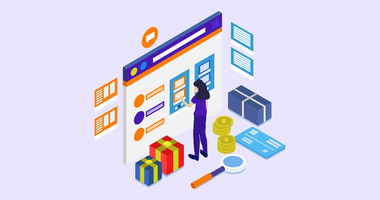 Person interacting with an online shopping interface, surrounded by colorful gift boxes, coins, and credit cards, illustrating e-commerce and digital payment processes.