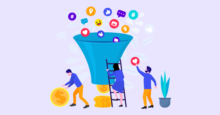 Illustration of a marketing funnel with social media icons and digital engagement symbols, depicting individuals working on lead generation and conversion strategies.