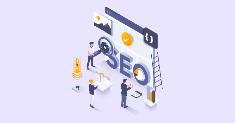 Illustration depicting a team working on SEO optimization, featuring characters analyzing data and adjusting settings around the large "SEO" text, with icons representing charts, images, and coding tools.